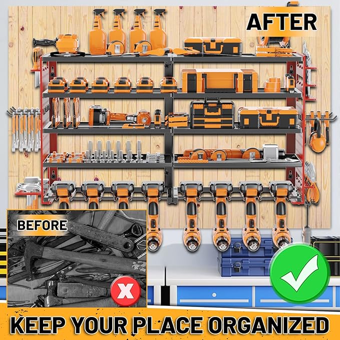 5 Layers Power Tool Organizer Wall Mount, Metal Cordless Tool Hanger Storage Rack Holder with 8 Drill Holders, Heavy Duty Gar