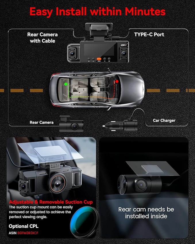 IIWEY N6 360° Dash Cam 4 Channel, 5.8G WiFi-6 (up to 20MB/s) with App, Free 128GB Card, FHD Front & Rear Inside Dash Cam for 
