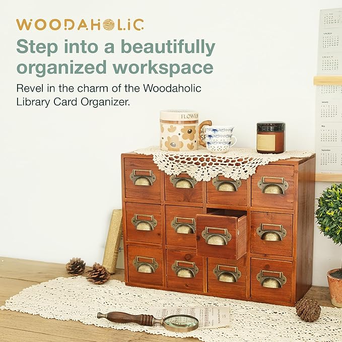 12-Drawer Apothecary Cabinet - Index Card Organizer - Mahogany Wooden Card Catalog - Fits Standard US 3x5in Index Cards - Vin