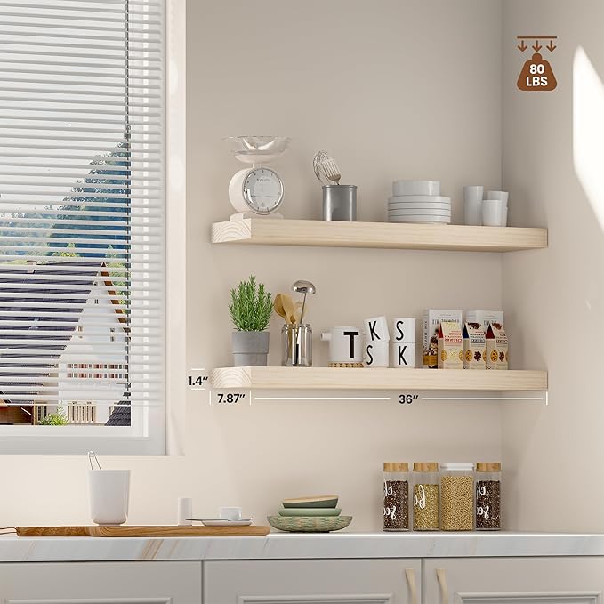 Vivelove Natural Wood Floating Shelves 36”，8 inch Deep Floating Shelf with Invisible Brackets, Unfinished Wall Shelves for Li