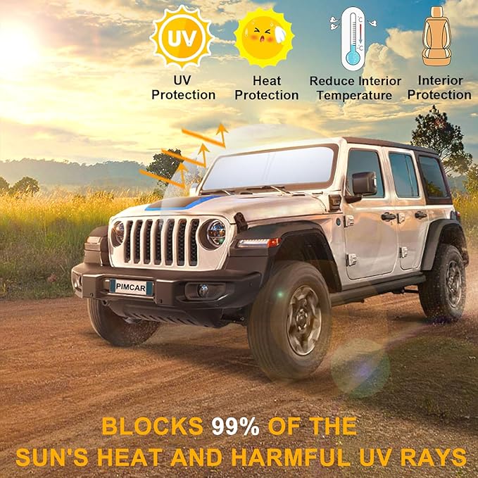 Premium Windshield Sun Shade for 2018-2026 Jeep Wrangler JL JLU & 2020-2026 Jeep Gladiator, Reflective 310T Material Front Window Sun Visor Blocks UV Rays Foldable Sunshade with Storage Pouch
