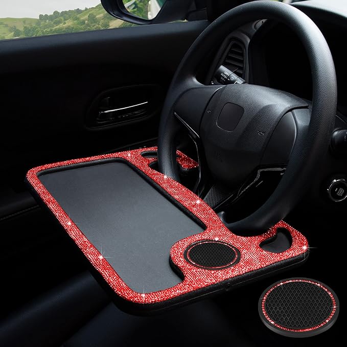 eing Bling Auto Steering Wheel Desk, Laptop,Tablet, Notebook Car Travel Table, Food Eating Hook On Steering Wheel Tray, for Constant Travelers, Fits Most Vehicles Steering Wheels,Red