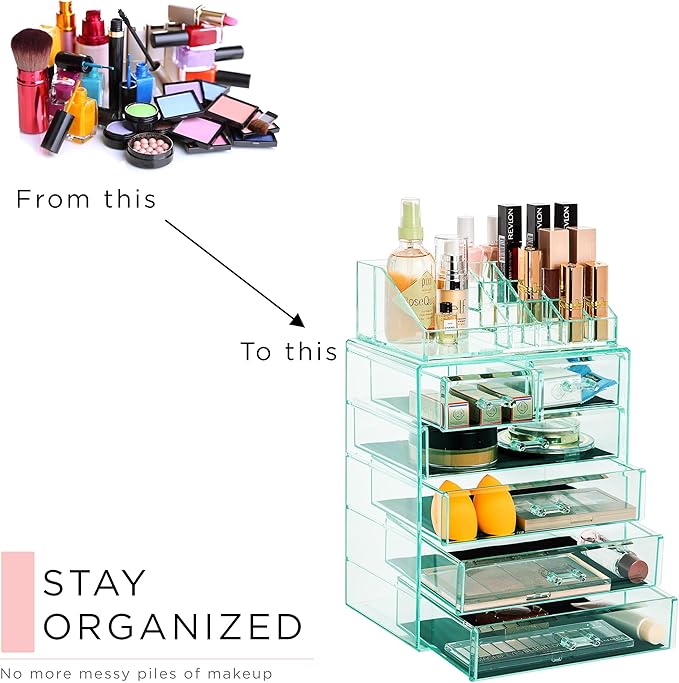 Sorbus Acrylic Makeup Organizer Set, 6-Drawer Vanity & Countertop Cosmetic Storage with Small & Wide Compartments, Teal Thril