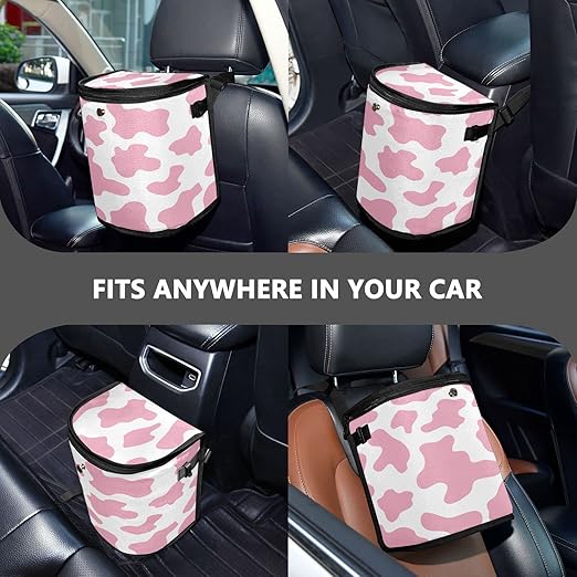 linqin Pink Cow Print Car Trash Can with Lid Leak Proof Car Trash Bag Waterproof Car Garbage Can, PolyesterTrash Bin Hanging for Minivan SUV Truck