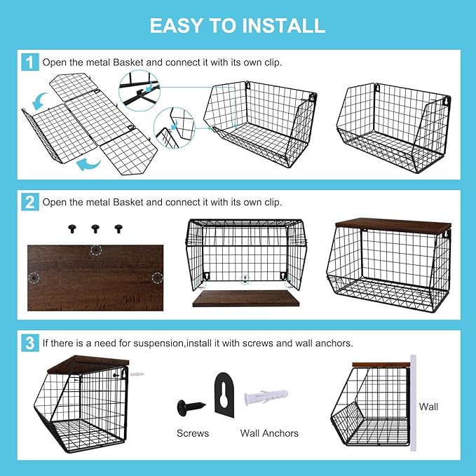 MSJGA Laundry Room Shelves Wall Mounted with Storage Basket - Stackable Wire Wall Shelves Organizer for Towels, Detergent, Ti