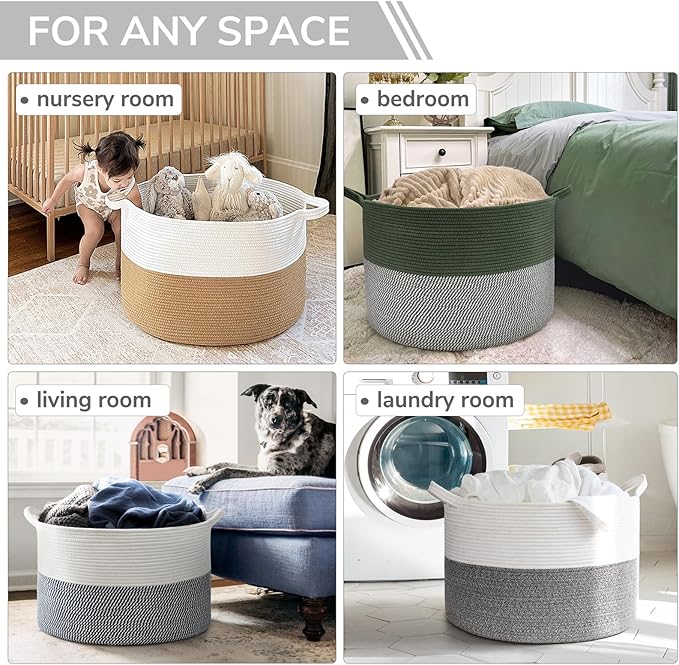INDRESSME Large Storage Basket, 21.7'' x 13.8'' Cotton Rope Blanket Basket Living Room, Toy Organizers and Storage with Handl