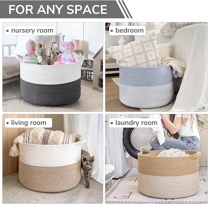 INDRESSME XXXLarge Cotton Rope Basket 21.7" x 21.7" x 13.8" Woven Baby Laundry Baskets Blanket Basket Toy Baskets with Handle