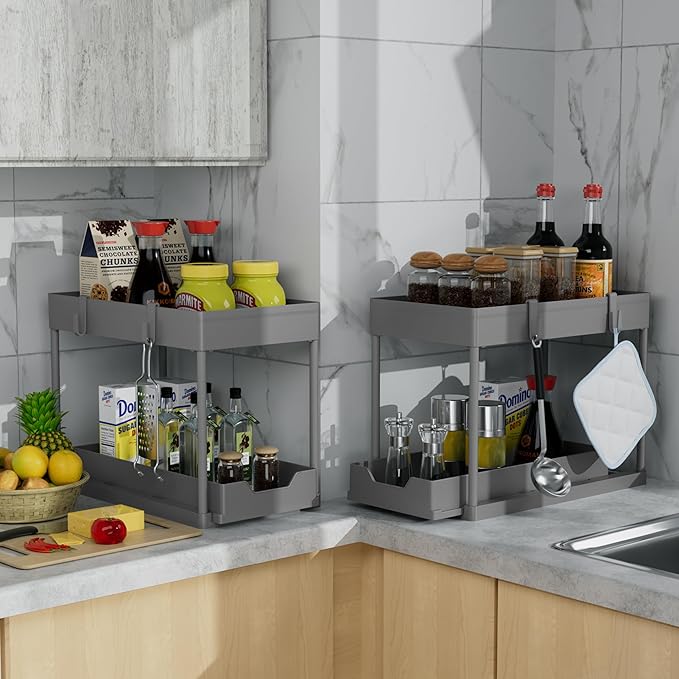 DEKAVA Under Sink Organizer 2 Pack，Bathroom Cabinet Organizer，2 Tier Sliding Cabinet Basket Organizer Drawer, Multi-Purpose B