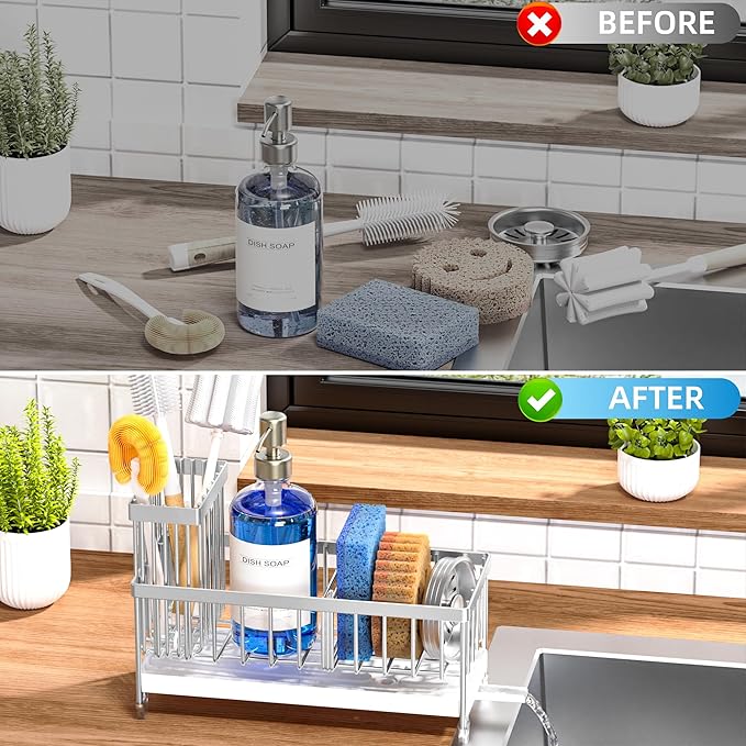 Cisily Sponge Holder for Kitchen Sink, Sink Caddy Organizer with High Brush Holder, Kitchen Countertop Organizers and Storage