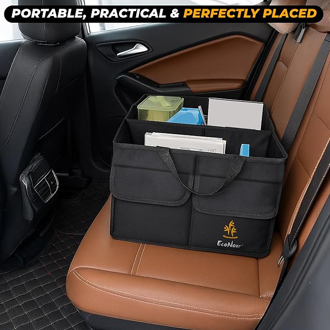 EcoNour Trunk Organizer for Car | SUV Collapsible Cargo Storage Box with Detachable Dividers, Mesh Pockets & Adjustable Straps