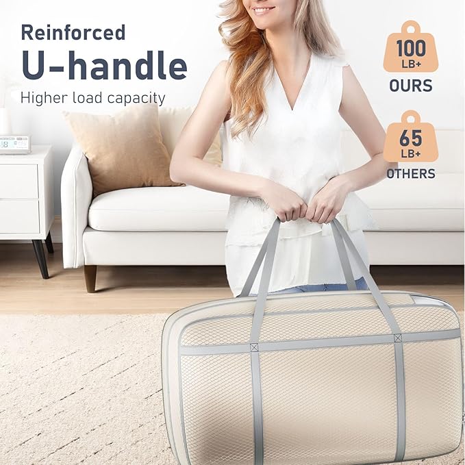 DIMJ Large Compression Comforter Storage Bag with Carry Handls, 100L Washable Blanket Storage Packing Totes, Space Saving Con
