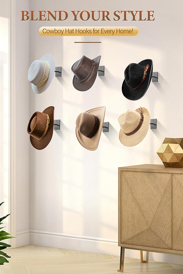 Cinati Cowboy Hat Rack for Wall 6 Pack, Cowboy Hat Holder Wall Mount, Western Rustic Metal Hats Hanger Hooks Organizer for Fe