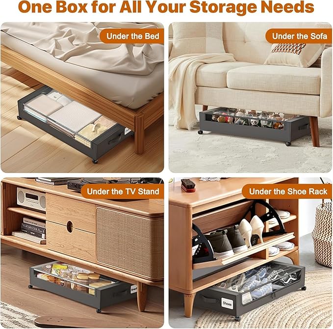 Under Bed Storage with Wheels,Under Bed Storage Containers with Clear Lids, Under-Bed Organizers for Clothes, Shoes – Durable