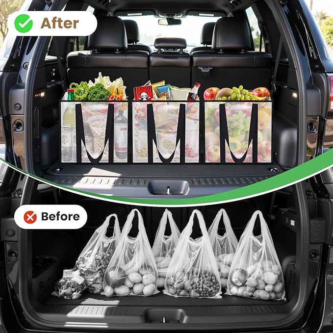 4 Pack Reusable Grocery Bags, Heavy-Duty Shopping Bags with Sturdy Handles, Water-Resistant & Foldable Organizer, Shopping Bags for Groceries, Market, Car Trunk, Multi-Purpose, 42L