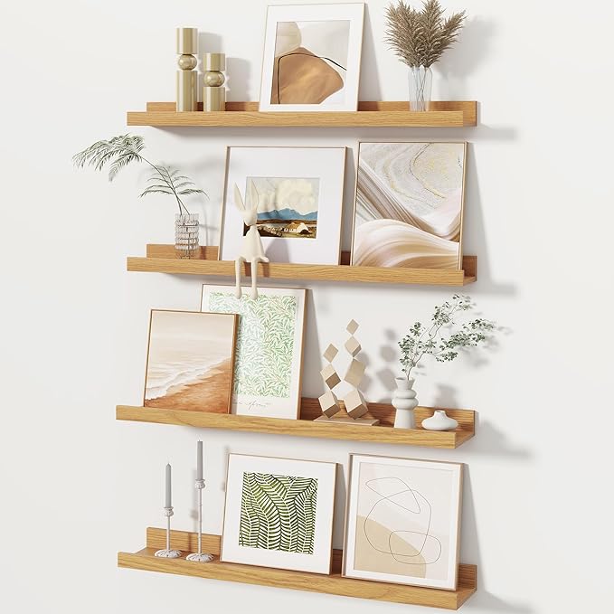 Fun Memories Picture Ledge Shelves Set of 4, 24 Inch Rustic Wall Mounted Floating Shelves with Lip for Home Storage and Décor