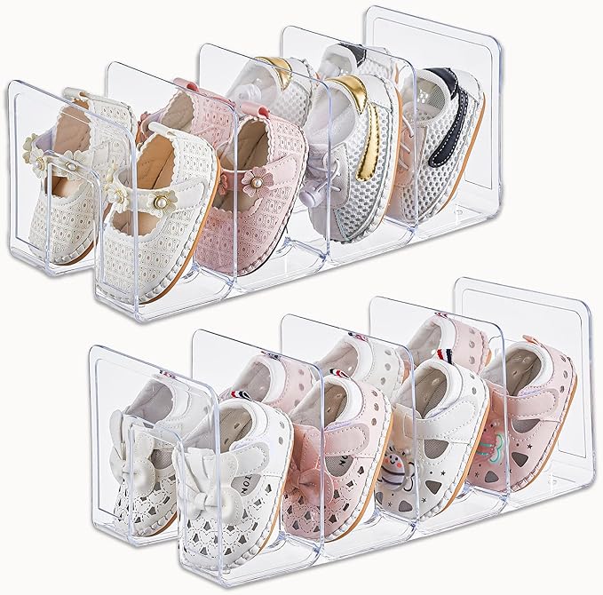 Clear Acrylic Kids Shoe Rack for Closet Organizers and Storage | 2 Pack Small Shoe Rack 4 Sections Toddler Baby Shoe Storage 
