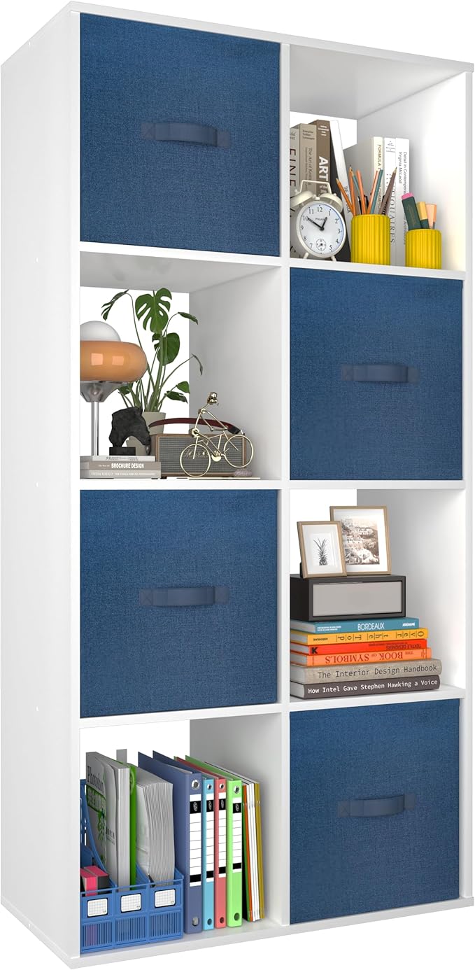 PrimeZone Stackable 8 Cube Storage Organizer: Wood Cubes Shelf Fits Cubby Bins - Square Cubicle Bookshelf Cabinet for Closet 