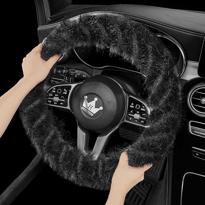 Fuzzy Winter Steering Wheel Covers for Women, Warm Cute Fluffy Car Wheel Cover for F150, Trucks, Jeep, Van, Soft Furry Auto Plush Large Car Handle Cover for Cold Weather, 15.2-16in, Black