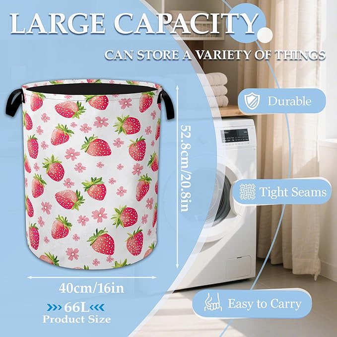 Straberry Flower Laundry Basket Collapsible Laundry Hamper Clothes Toy Storage Bin for Bathroom Bedroom Room Decor 16" X 20.8