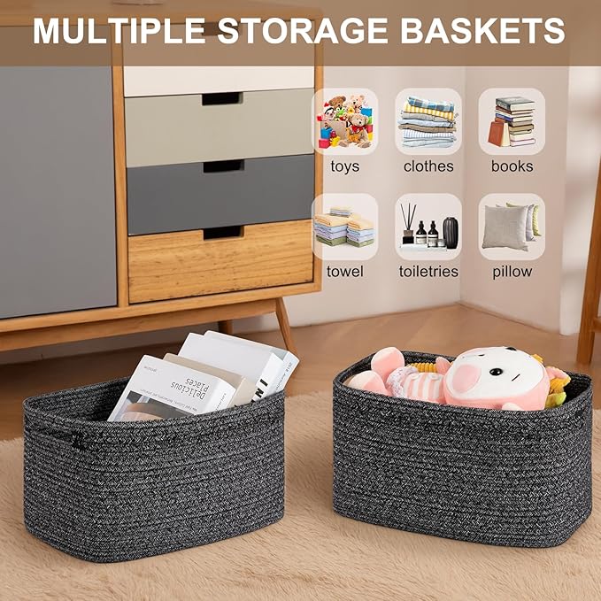 OIASKET Storage Baskets for Organizing, Woven Decorative Baskets for Shelves - Books, Towels, and Clothes, Cotton Rope Toy St