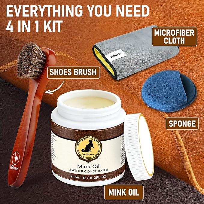 4-in-1 Natural Mink Oil Leather Cleaner and Conditioner 8.2oz, Premium Waterproof Soften Restore Formula – Leather Cleaner & 