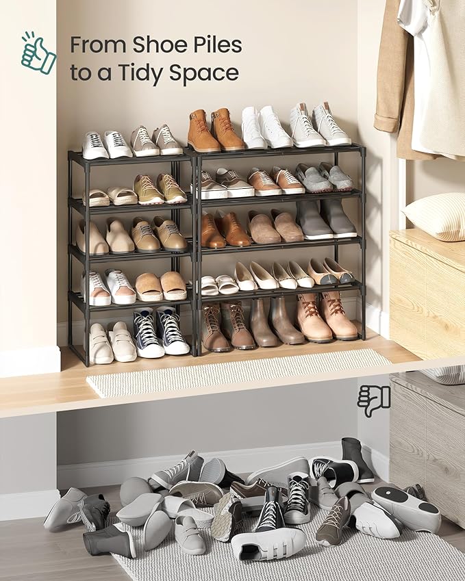 SONGMICS Shoe Rack, 4-Tier Shoe Organizer, Metal Storage Shelf, Upright or Upside Down, for 5-10 Pairs, Stackable, for Entryw