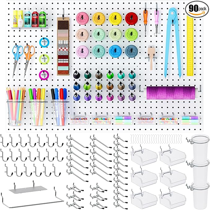 INCLY 90PCS Metal Peg Board Kit with 1/4" Pegboard Accessories, 6 Pack White Peg Board Panels, Bins, Cups and Peg Board Hooks