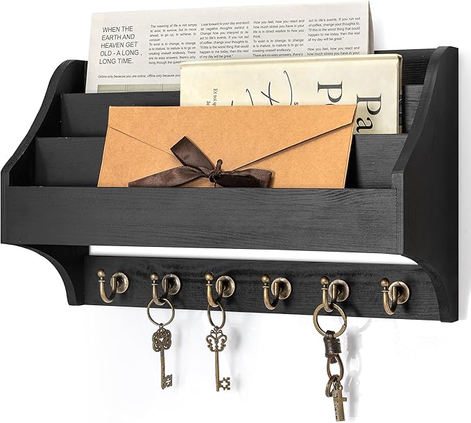 Rebee Vision Pine Wood Key Holder Wall Mount - Hanging Mail Holder for Wall with Key Hooks & 3-Tire Letter Slots - Multifunct