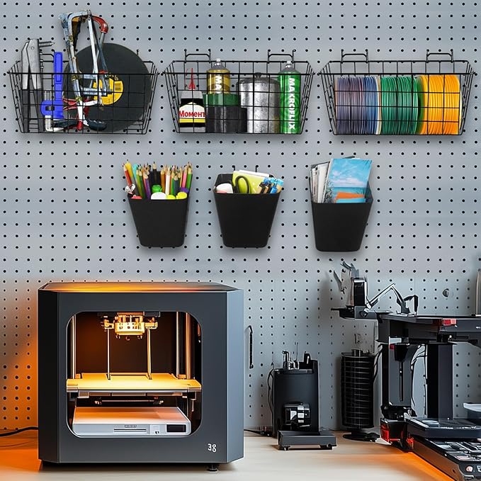 Pegboard Basket Organizers, Peg Board Large Baskets Hooks Bins Cups Tool Organizer 6 Pack Set, Wall Storage Display Hanging A