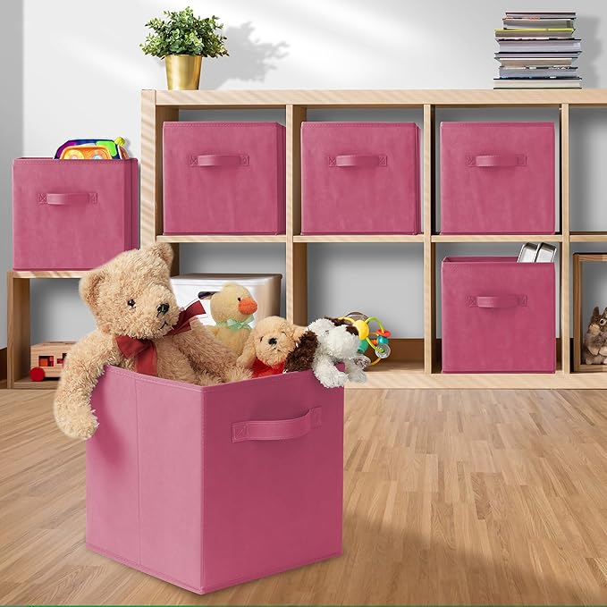Casafield Set of 6 Collapsible Fabric Cube Storage Bins, Hot Pink - 11" Foldable Cloth Baskets for Shelves, Cubby Organizers 