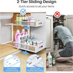 Under Sink Organizer, 2 Pack 2 Tier Pull Out Under Cabinet Organizer Shelf with Pad for Framed Cabinets, Metal Slide Out Unde