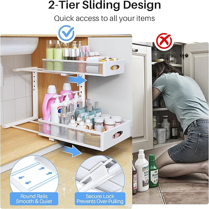Under Sink Organizer, 2 Tier Pull Out Under Cabinet Organizer Shelf with Pad for Framed Cabinets, Metal Slide Out Under Sink 