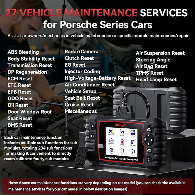 iCarsoft POR V3.0(Upgraded) Bidirectional Diagnostic Tool for Porsche, 27 Resets (234Sub-Resets) + 66 Extra Services +