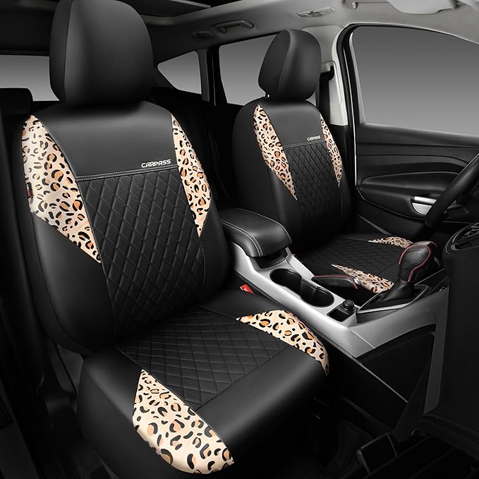 CAR PASS Leather Leopard Two Front Seat Cover Only, Universal Quilting Waterproof Deluxe PU Premium Vinyl Luxury Car Seat Cov