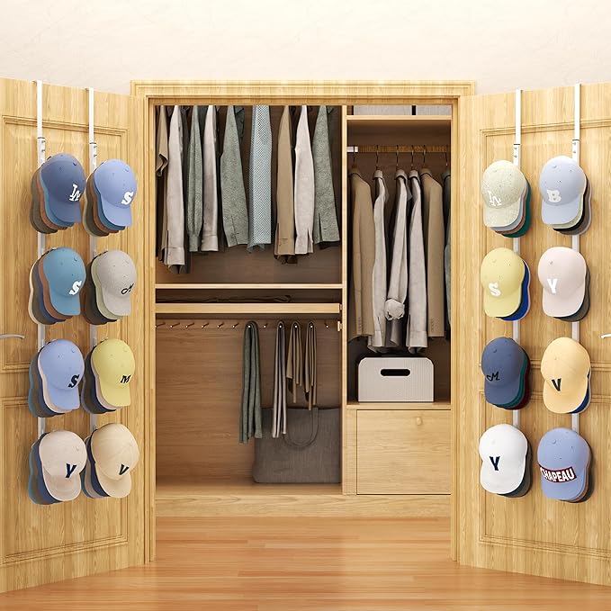 SWTYMIKI Over Door Hat Organizer - 4 Packs Metal Hanging Hat Rack with 16 Hooks Design, Baseball Cap Hanger Organizer Storage