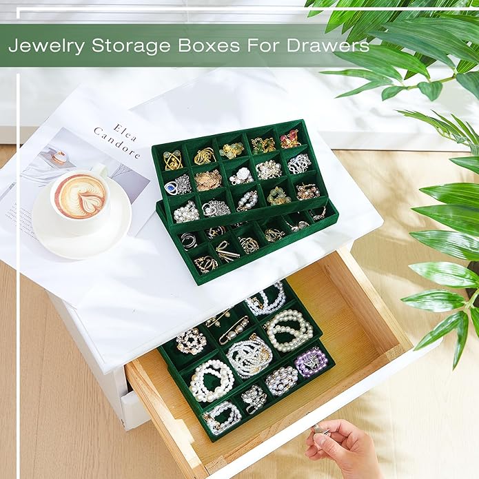 Junkin 12 Pcs Jewelry Tray Velvet Stackable Jewelry Organizer Trays Divided Earring Accessories Storage Containers Box (Rose 