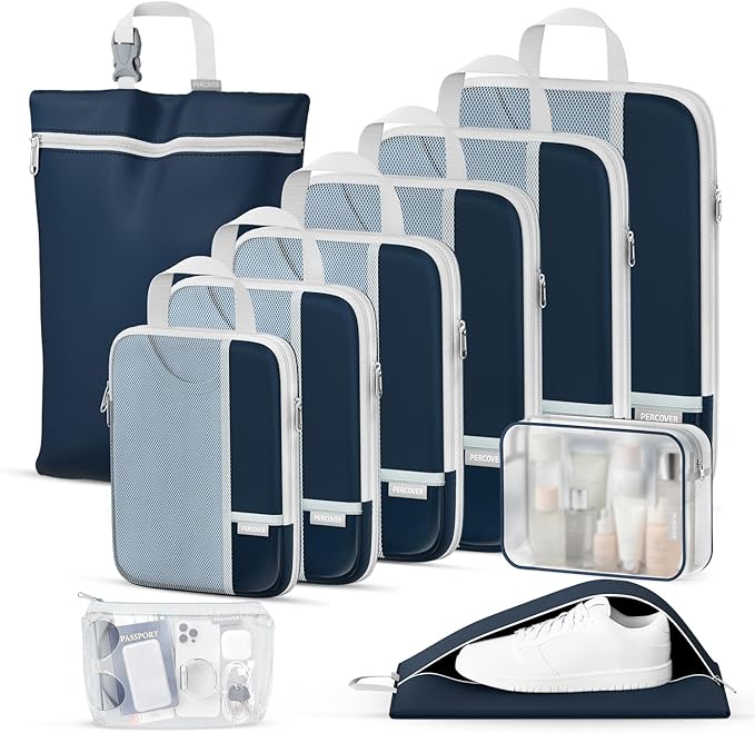 Percover Compression Packing Cubes 10-Piece Set, Packing Cubes Compression for Travel with Toiletry Bag, Laundry Bag & Shoe B