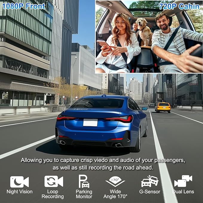 Dual Dash Cam Front and Inside, 1080P Dash Camera for Cars Dashcam with 32G Card, 24H Parking Monitor, Night Vision, G-Sensor