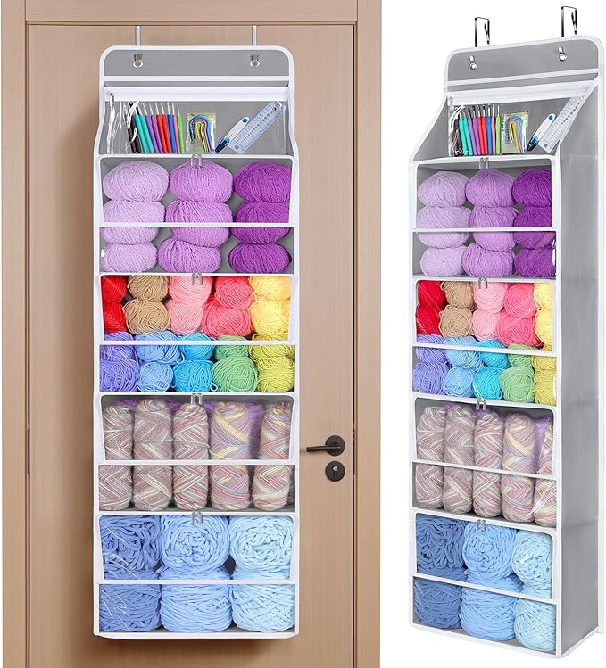 Univivi Hanging Yarn Storage Organizer with 5 Zipper Closure Compartments, Large Capacity Knitting Organizer Storage, Over th