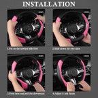 CAR PASS Faux Leather Steering Wheel Cover and Waterproof Car Floor Mats,Universal Car Combo Fit for 95% Sedan,SUV,Cars,14.5-15inch Sporty Anti-Slip Safety Comfortable Design(Black＆Pink)
