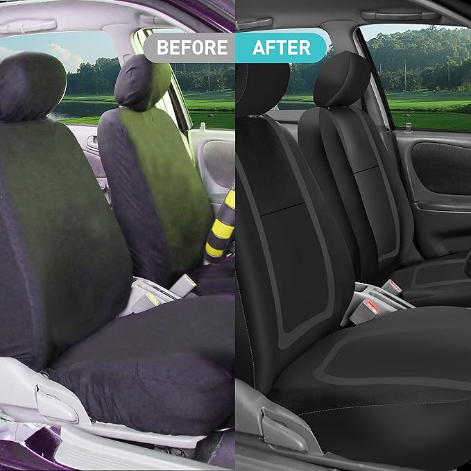 FH Group Unique Flat Cloth Full Set Car Seat Covers w. Silicone Steering Wheel Cover- Universal Fit for Most Cars, Trucks, SUVs or Vans (Black)