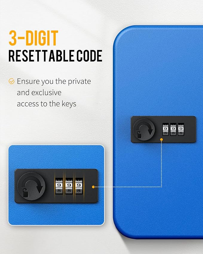 Uniclife 28 Keys Steel Key Cabinet with Resettable Code Blue Wall Mounted Key Organizer with Combination Lock Digital Securit