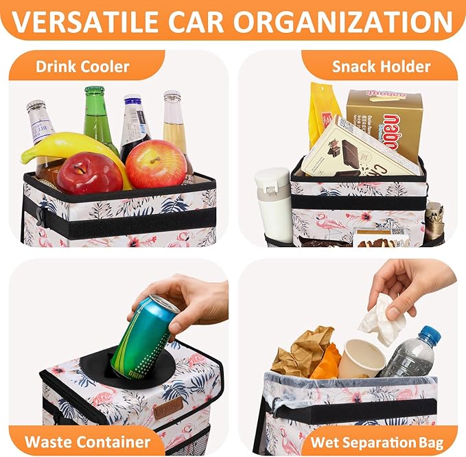 Cute Car Trash Can, Car Accessories for Women Interior Can Trash Bag Hanging Automotive Garbage Cans Pink Flamingo