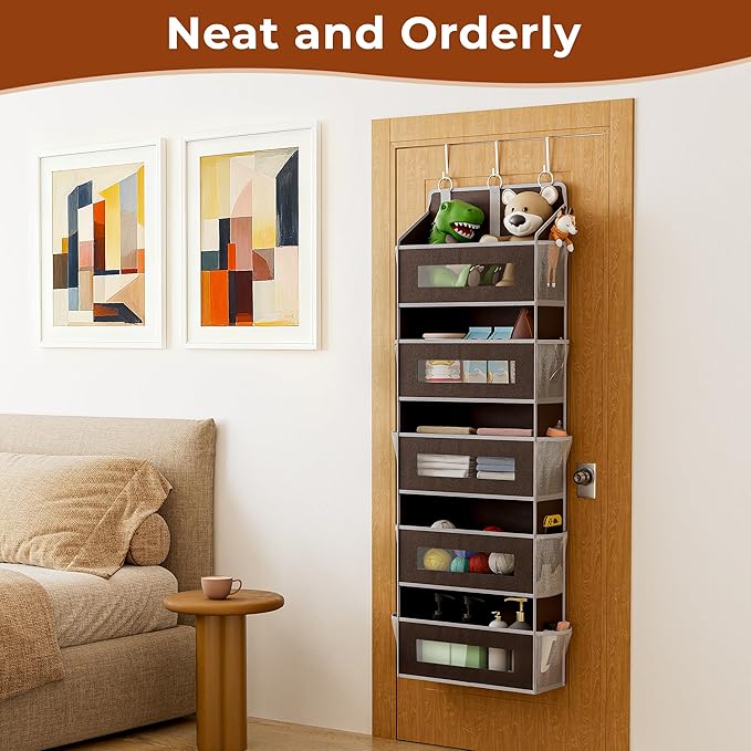 5 Tier Over The Door Organizer - Large Capacity Behind Door Hanging Shelves with 10 Mesh Pockets and Clear Windows, Closet Or