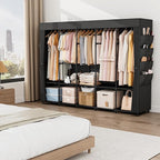 Portable Closet Storage, Portable Wardrobe Closet Organizer Clothes Rack wtih Cover, Hanging Rod, Storage Shelves and Side Po