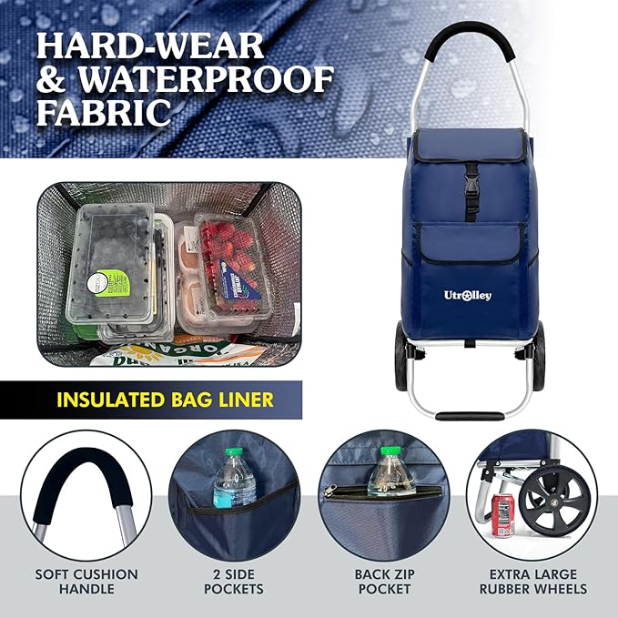 Ultra-Lightweight Blue Foldable Shopping Cart for Groceries Large 42L Capacity Rubber Wheels, Removable Insulated Bag Liner, Durable Aluminum Frame, Multi-Function Personal Hand Truck