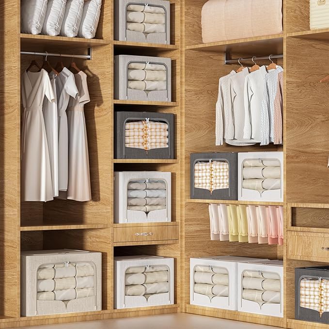 FHSQX 3 Pack Clothes Storage Bins Foldable Metal Frame Storage Box Stackable Linen Fabric Container Organizer Set with Carryi