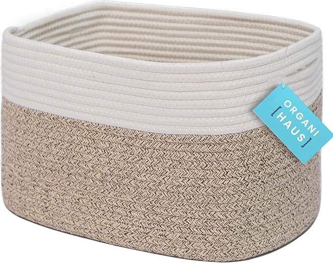 OrganiHaus Cotton Rope Basket for Shelf - Woven Storage Basket for Organizing, Closet & Toy Storage - Brown/Off-White - 15x9x