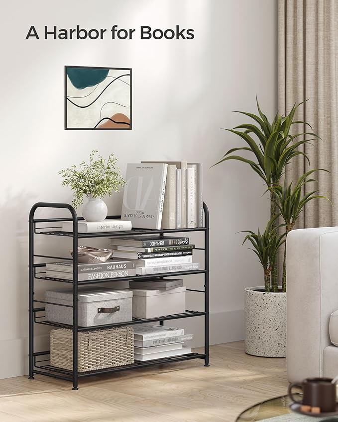 SONGMICS Stackable Shoe Rack, 4 Tier Metal Shoes Rack Storage Shelf, Holds up to 16 Pairs Shoes, Adjustable Slanted Shelves S
