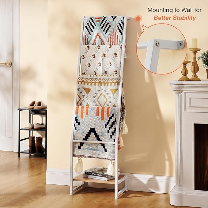 DGWJSU Blanket Ladder, 5 Tier Ladder Shelf,Wooden Blanket Ladders for Living Room and Bedroom, 5.2ft Blanket Holder Rack Farm